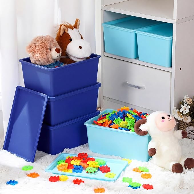 Menkxi 6 Pcs Storage Bins with Lids Small Plastic Storage Containers Stackable Storing Baskets Box Cute Organizer Bins for Organizing Shelves (Blue Series)
