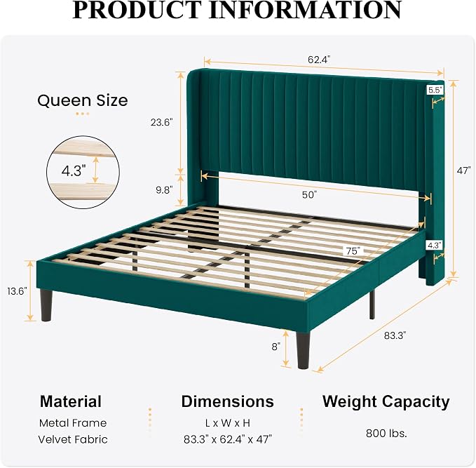SHA CERLIN Queen Size Velvet Bed Frame, Tufted Wingback Headboard, Teal | 47'' Modern Vertical Channel Headboard, Upholstered Platform Bed, Wood Slats, No Box Spring Needed, Easy Assembly, Noise Free