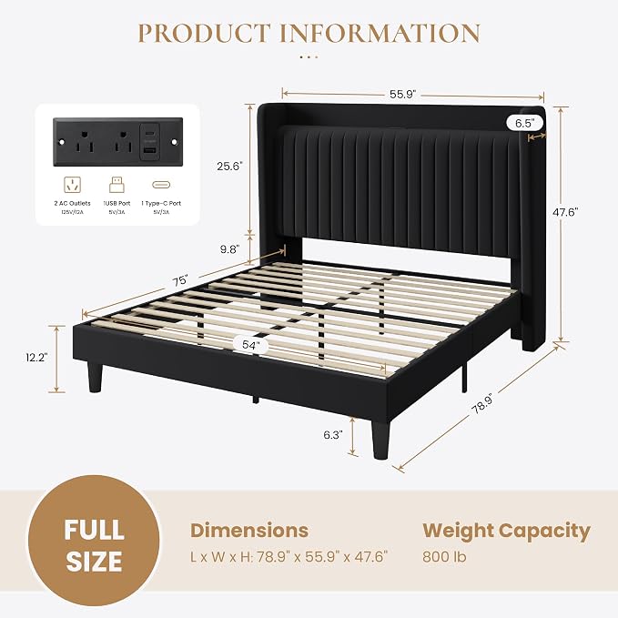 SHA CERLIN Full Size Velvet Bed Frame with Shelf, Charging Station, Black | Wingback Storage Headboard, Upholstered Platform Bed, Wooden Slats Support, No Box Spring Needed, Easy Assembly, Noise Free