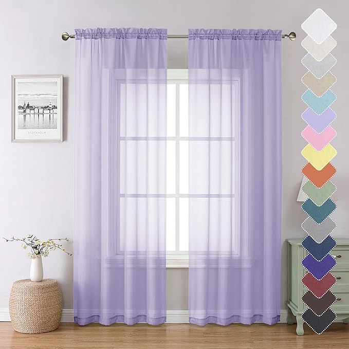Lecloud Light Purple Sheer Curtains 84 Inches Long 2 Panels, Double Rod Pocket Window Dining Room/Living Room Lavender Curtain, Light Filtering Solid Voile Girls Bedroom Drapes, 40X84 Inch
