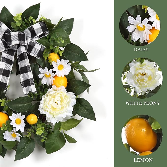 Garvee 20" Lemon Wreath for Front Door, Spring Summer Fruit Wreath | with Artificial Yellow Lemon Peony Flower and Buffalo Check Bow, Lemon Decor for Farmhouse Kitchen Porch Wall Home Decor