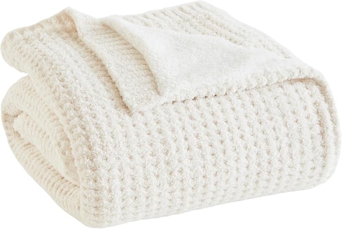 Madison Park Rowan Sherpa Throw Blanket Waffle Weave, 50 x 60, Ivory | Cozy Warmth for Sofa or Bed, Reversible, Lightweight, Farmhouse, OEKO-TEX Certified