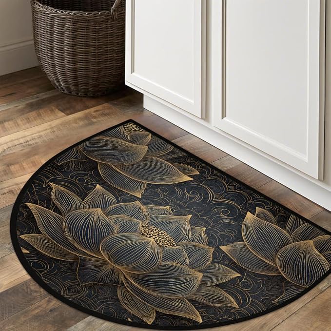 Golden Lotus Half Round Door Mat Non-Slip Semi Circle Rug Half Moon Doormat | Golden Lotus Flowers Soft Washable Welcome Entrance Mat for Outdoor Indoor Floor Bedroom Bathroom Home Kitchen Festival Decor