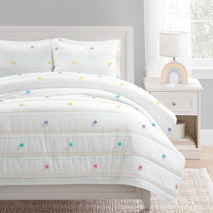Lush Decor Rainbow Pom Pom and Stripes Quilt Set, 3 Piece Set, Full/Queen, White & Rainbow - Fun & Colorful Kids Bedding Set - Rainbow Quilt for Teen Dorm Decor - Striped Quilt - Girls Bedroom Decor