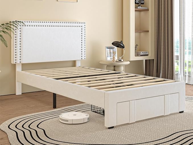 VECELO Twin Size Upholstered Bed Frame with Storage Drawer, Adjustable Velvet Rivet Decor Headboard, Wooden Slats Platform Support, No Box Spring Needed, Easy Assembly,White