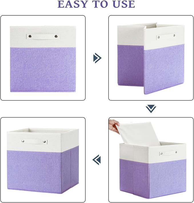 FinishingBo 13x13x13 Storage Cube Bins 4 Pack, Cube Shelf Baskets | Foldable Storage Cubes, Linen Storage Bins with Handles, Closet Organizers, White/Purple