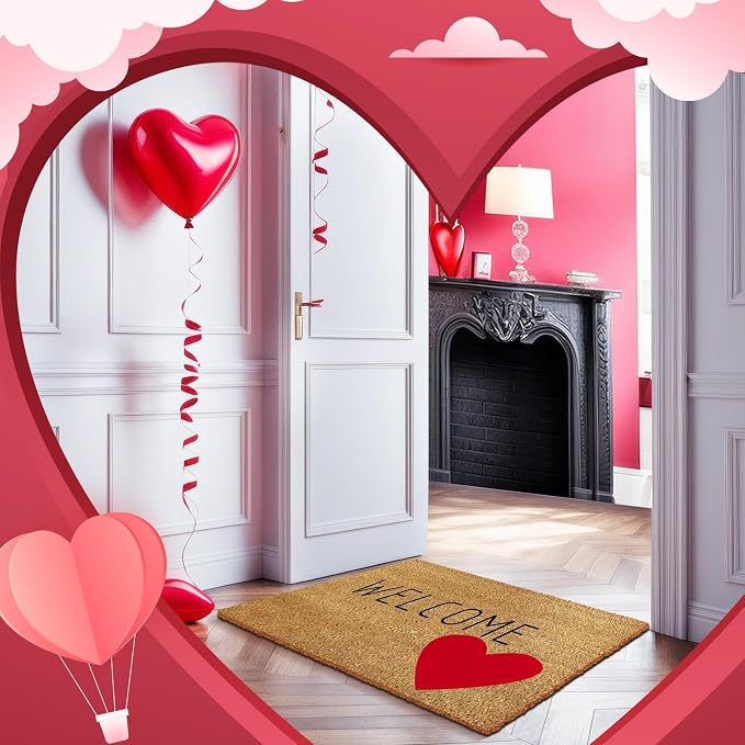 Ceenna Valentine's Day Coir Doormat Romantic Outdoor Indoor Decoration Red Heart Non Slip Welcome Door Mat 15.7" x 27.5" Valentine's Day Rug Decorative Front Door Mat for Porch Gifts