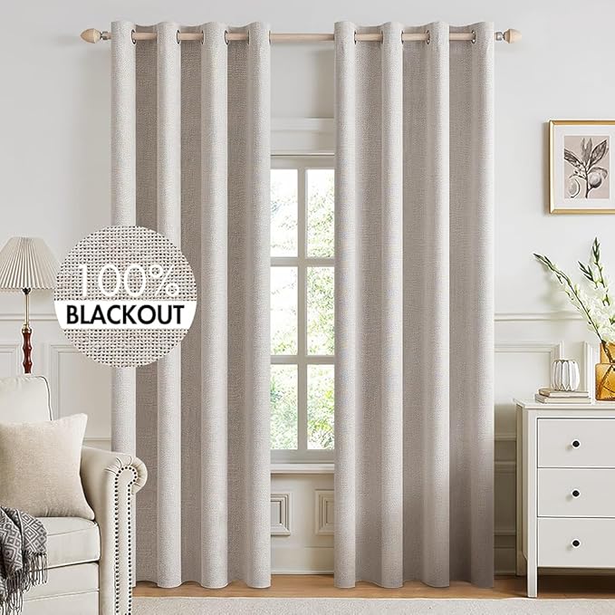 MIULEE 100% Blackout Linen Textured Curtains for Bedroom Solid Thermal Insulated Ivory Grommet Room Darkening Curtains & Drapes Luxury Decor for Living Room Nursery 52 x 94 Inch (2 Panels)