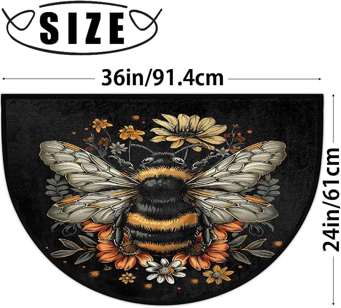 Bee Animals Half Round Door Mat Non Slip Half Circle Rugs | Animals Flowers Washable Half Moon Rug Semi Circle Rugs Indoor Entrance Floor Carpet for Kithen Bedroom Fireplace Decor