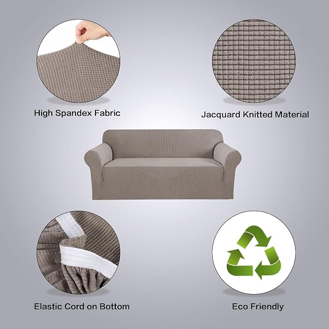 H.VERSAILTEX Stretch Couch Covers for Sofa 1 Piece Slipcovers for Couches and Sofas 3 Seater Couch Cover Feature Thick Checked Jacquard Fabric with Elastic Bottom(Large Sofa 90"-100" Wide, Taupe)