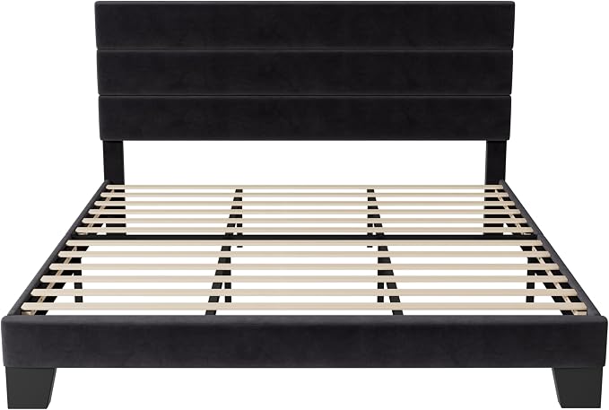 Allewie King Size Platform Bed Frame with Velvet Upholstered Headboard | Wooden Slats Support, Fully Upholstered Mattress Foundation, No Box Spring Needed, Easy Assembly, Noise-Free, Black