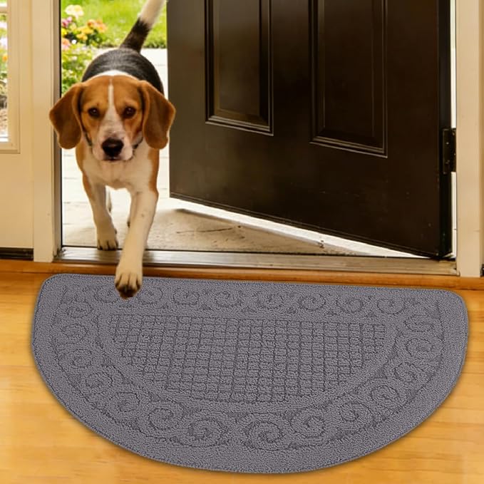 Half Round Indoor Door Mat 18"X30",Non Slip Machine Washable Entryway Rug for Front/Back Outdoor,Half Circle Absorbent Low Profile Entrance Kitchen Floor Mat Doormat for Muddy and Paws-Grey