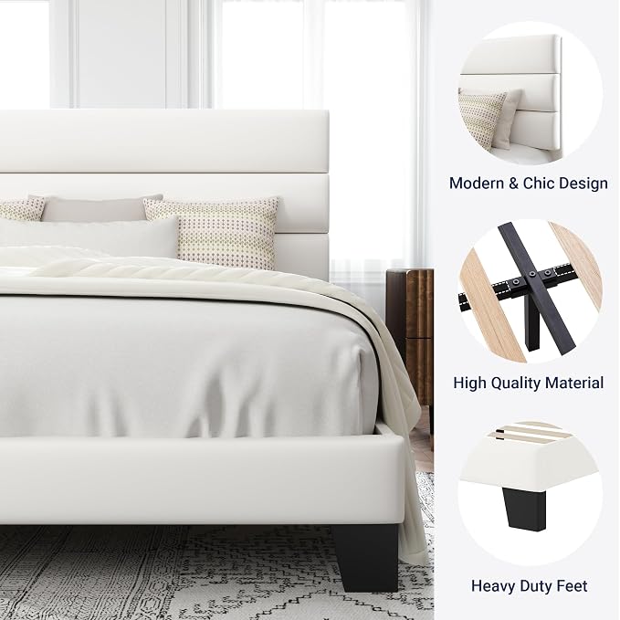 Allewie Queen Size Platform Bed Frame with Velvet Upholstered Headboard | Wooden Slats Support, Fully Upholstered Mattress Foundation, No Box Spring Needed, Easy Assembly, Noise-Free, White