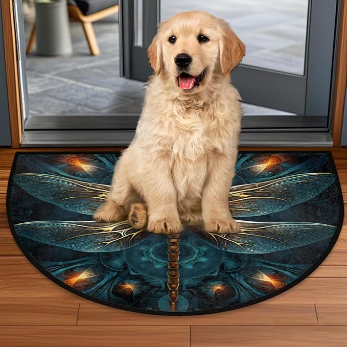 Pardick Half Round Doormat Dragonfly Animal Blue Semi Circle Rug Non Slip Indoor Outdoor Entrance Half Moon Rug Washable Front Floor Mat for Kitchen Bathroom Patio Fireplace Holiday Decor