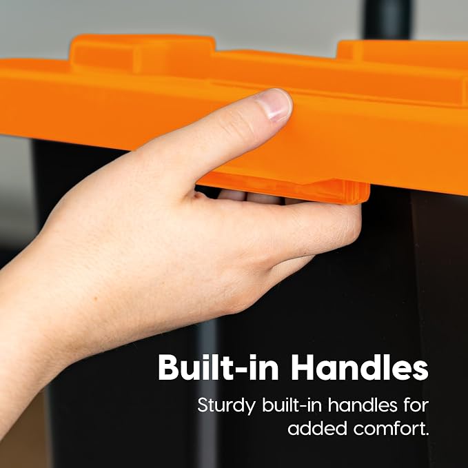 IRIS USA 3-Pack 27 Gal Heavy Duty Storage Tote Bins with Lids, Orange | Large-capacity design stores seasonal gear, moving supplies and equipment, Stackable shape supports efficient organization