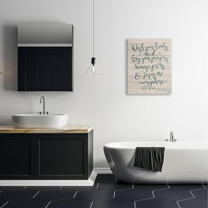 Stupell Industries 'Blue Script Germs and Jesus Cursive Planked Look Typography', Canvas Art, 24 x 30 Inches, Easy to Hang and Sturdy, Made in USA, by Jo Moulton