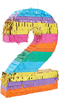 Number 2 Rainbow Pinata with Hanging Loop for Kids 2nd Birthday Party Decorations, Centerpiece Anniversary, Mexican Fiesta, Easy to Fill Label (11x3x16.5 in, Small)