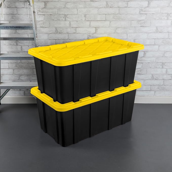 Sterilite 4-Pack Industrial Tote, Plastic Storage Container Bins with Lids, 38 Gallon - Heavy-Duty Organizing Containers for Closet, Bathroom, and Office | Heavy-Duty and Stackable Utility Box Containers for Home, Office, and Basement Organization, Bla...