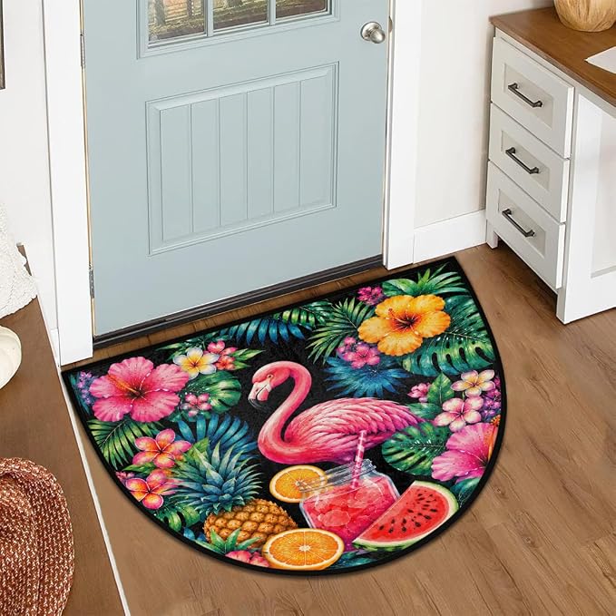 Flamingo Half Round Rug Half Moon Door Mat Half Circle Rugs | Tropical Flowers Washable Non-Slip Semi Circle Rug Welcome Half Round Door Mat Indoor Entrance Bedroom Living Room Decor B797