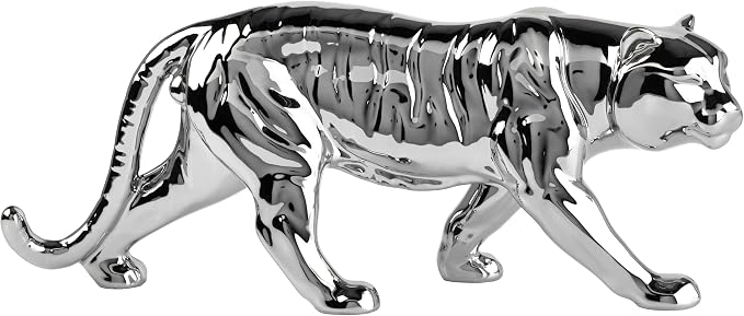 Elements Silver Tiger Ceramic Statue, 16.53 x 4.92 x 6.89 Inch Elegant Crouching Tiger Figurine, Modern Silver Finish Animal Sculpture for Living Room and Office Decor, Large Tabletop Accent