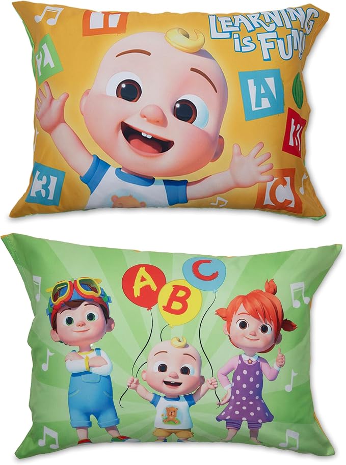 CoComelon Learning is Fun 4 Piece Toddler Bedding Set – Includes Comforter, Sheet Set – Fitted + Top Sheet + Reversible Pillowcase for Boys and Girls Bed, Letters and Music Design, Orange