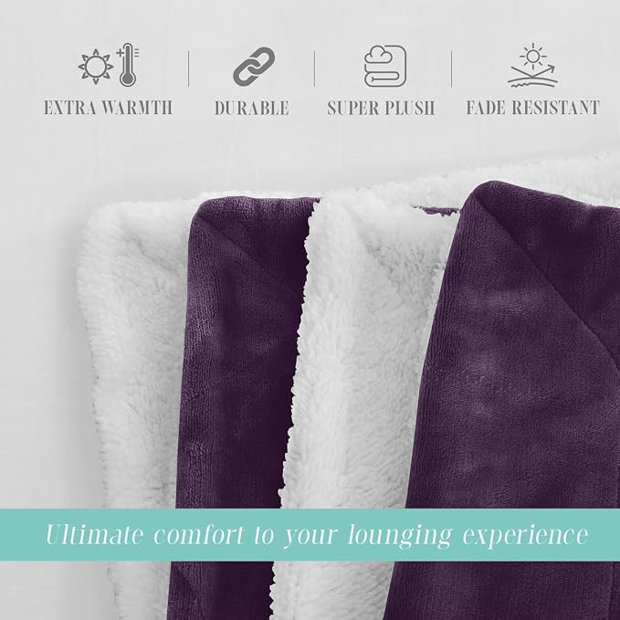 Elegant Comfort Throw Blanket, Reversible Sherpa Flannel, Ultra-Soft, Fuzzy, Cozy and Plush- All Season Lightweight Decorative Throw, 50 x 60 inches, Solid Sherpa Throw, Purple
