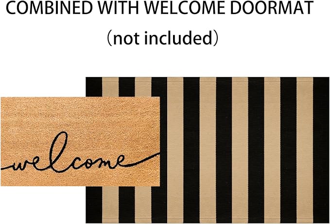 3'x5' Outdoor Rug, Black and Tan Washable Striped Porch Rug Cotton Woven Farmhouse Front Door Mats for Porch/Entryway/Home Entrance Decor/Bedroom/Laundry Room/Patio/Front Door