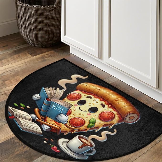 Pizza Funny Half Round Door Mat Non-Slip Semi Circle Rug Washable Half Moon Floor Rug Absorbent Bathroom Area Rugs for Outdoor Indoor Fireplace Mat Entryway Kitchen Decor Rugs