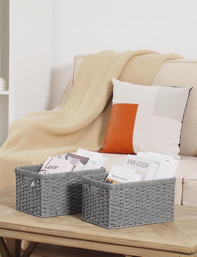 StorageWorks Wicker Storage Baskets,Gray Baskets for Storage,2-Pack | Paper Rope Wicker Storage Baskets for Shelves,Rectangular Wicker Baskets with Handles,Handwoven Grey Baskets,Woven Baskets
