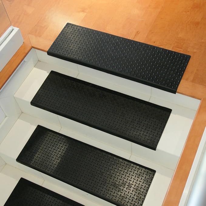 Rubber-Cal Diamond-Plate Non-Slip Rubber Tread Stair Mats (6 Pack), Black, 9.75" X 29.75"