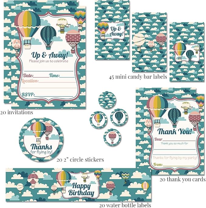 Amanda Creation Deluxe Up & Away Hot Air Balloon Birthday Party Bundle Includes 20 Invitations & Thank You Cards & Envelopes + 2 Sizes of Stickers,& Water Bottle Labels!