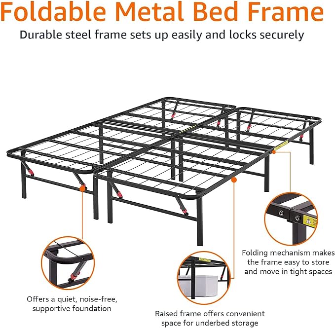 Amazon Basics Bed Frame with Storage, Foldable Metal Platform, Sturdy Steel, No Box Spring Needed, 14 inches High, Tool-Free Easy Assembly, Noise-Free, King Size, Black