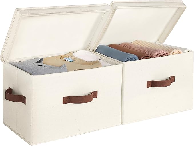 StorageWorks Fabric Storage Bins with Lid, Decorative Storage Boxes for Shelves, Stackable Closet Organizer Basket with Handles, Large, Ivory White, 2-Pack | Flip-Top Lid, 3 Handles, Collapsible, Stackable, for Clothes Blankets, Multi-Purpose, Large, I...