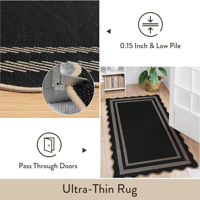 LIVEBOX Scalloped Easy Jute 2x3 Kitchen Rug, Black Front Door Mat Small Indoor Outdoor Rug for Entryway, Washable Non Slip Farmhouse Area Rugs, Tan Neutral Carpet Doormat for Porch Doorway Foyer