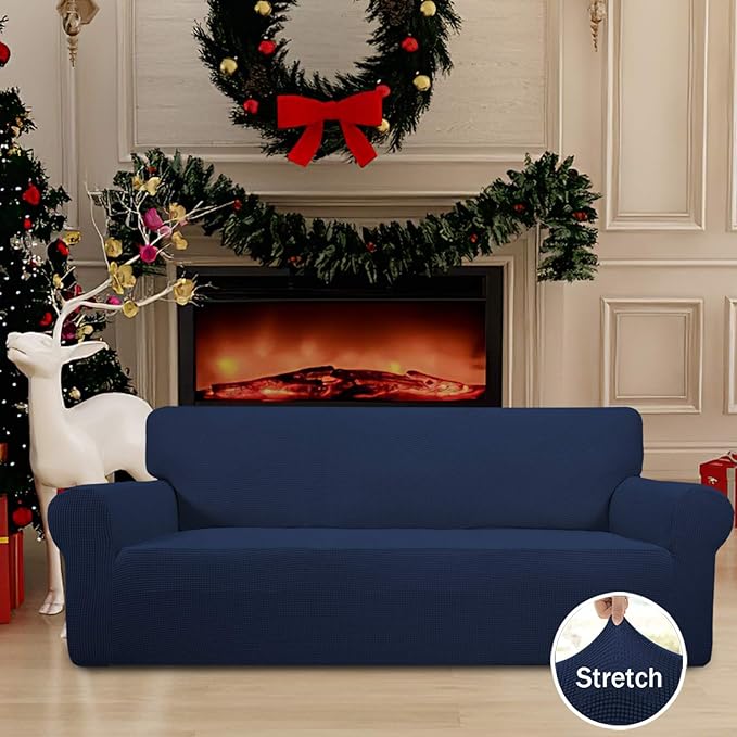 Easy-Going Stretch Sofa Slipcover 1-Piece Sofa Cover Furniture Protector Couch Soft with Elastic Bottom for Kids, Polyester Spandex Jacquard Fabric Small Checks (Sofa, Navy)