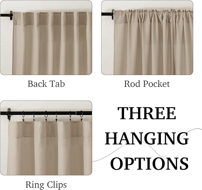 RYB HOME Linen Sheer Curtains 90 inches Long 2 Panels Set, Natural Lightweight - Image 2