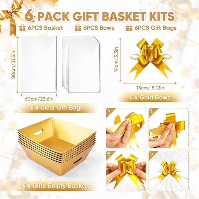 AFOROEOA 6PACK Gold Baskets for Gifts Empty, 12x10x4” Thick Cardboard Gift Basket Kit with 6 Bows & 6 Bags - Kraft Empty Gift Baskets for Christmas, Weddings, Birthdays, Holiday Gifting