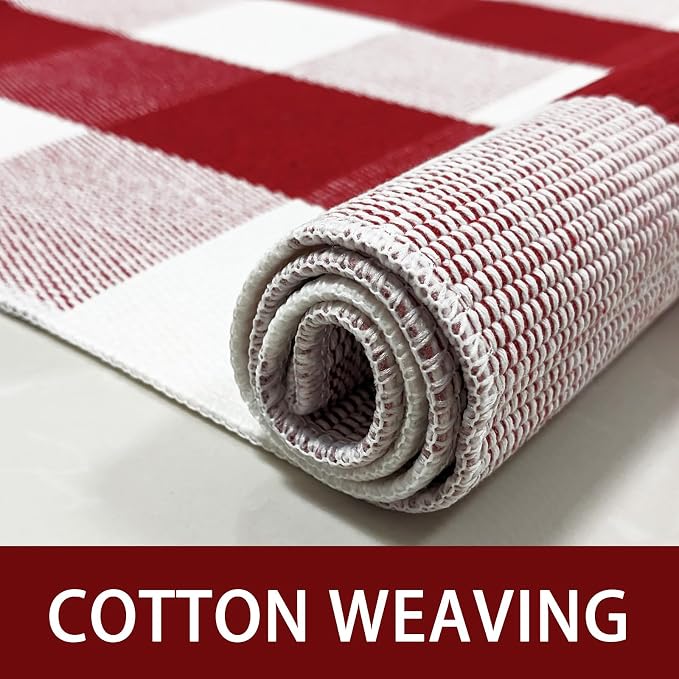 USTIDE Buffalo Check Plaid Doormat Red and White 2'x3'Hand Woven Cotton Plaid Rugs Farmhouse Layered Door Perfect for Front Door Porch Outdoor Rug