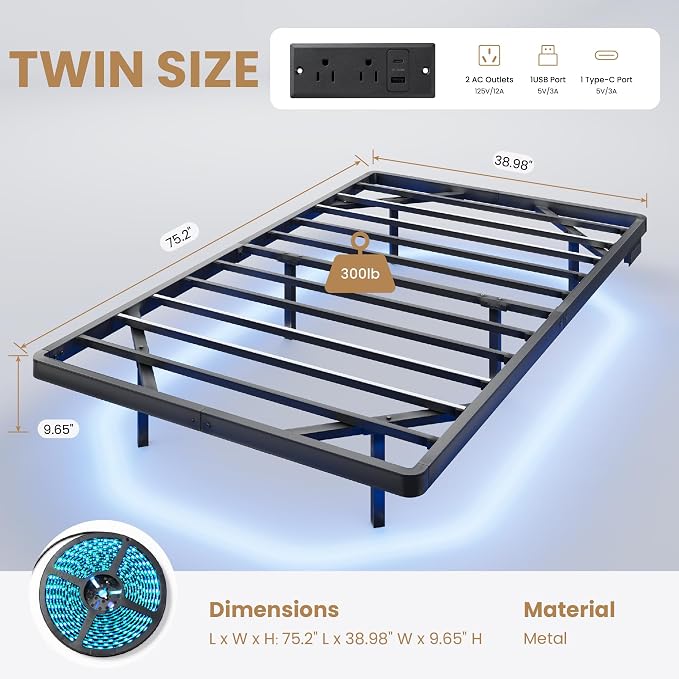 SHA CERLIN Twin Size Floating Bed Frame with Smart LED Lights, Black | Modern Design Metal Platform Bed with Power Strip, No Box Spring Needed, Noise-Free, Easy Assembly