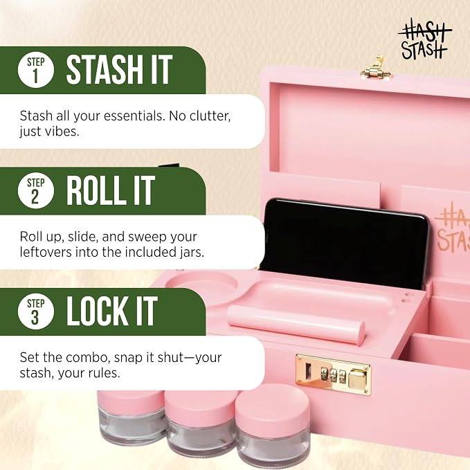 HASHSTASH The OG Storage Box - Large Bamboo Box with Combination Lock, Magnetic Lid, Organizer Tray, Tube, Brush and 3 Jars - Discreet Decorative Stash Storage Lock Box with Accessories (Pink/Gold)