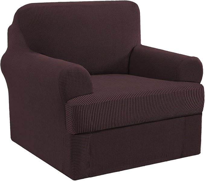 H.VERSAILTEX Stretch Armchair Covers Slipcover 2 Piece Chair Covers for Living Room Furniture Cover Suit for T Cushion/Box Cushion, Spandex Jacquard Fabric Small Checks(Armchair-Standard, Brown)