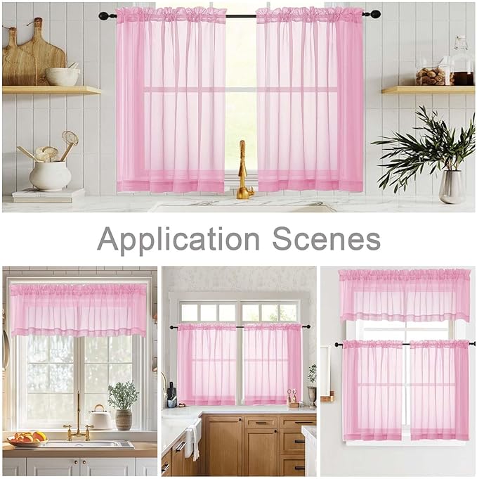 Cafe Curtains 36 Inch Length Tier 2 Pieces, Modern Soft Airy Sheer Kitchen Short Curtains for Small Window, Rod Pocket Small Curtain for Bathroom Basement, Pink, Each, 42" Wx36 L Inches