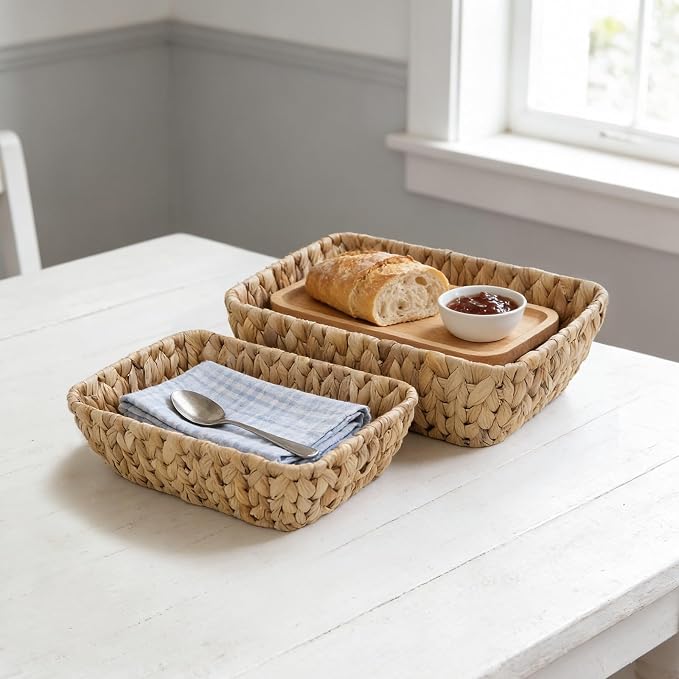 Small Wicker Baskets Set of 2, Hand Woven Water Hyacinth Basket 2 Pack