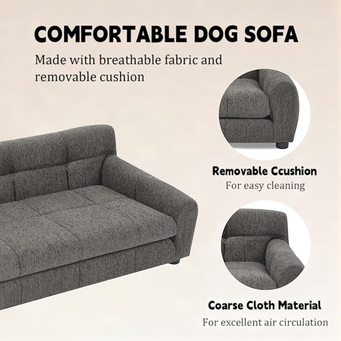 Dog Couch Bed, 38" Memory Foam Sofa for Dogs with Backrest and Armrest, Durable Pet Sofa with Soft Cushion, Elevated Dog Couch Bed with Legs for Medium Dogs, Stone Grey