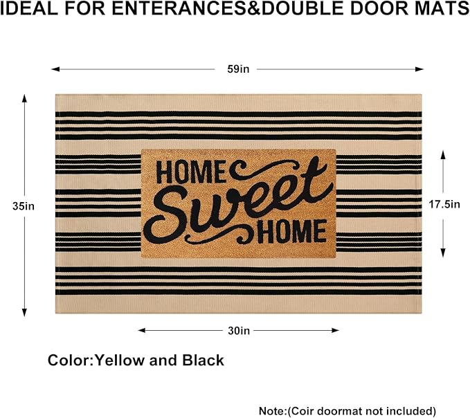KIMODE Striped Outdoor Rug 3'x 5',Washable Reversible Striped Outdoor Patio Rugs,Cotton Hand Woven Farmhouse Welcome Layered Door Mats for Front Door Entryway Porch Fall Decor Black and Khaki