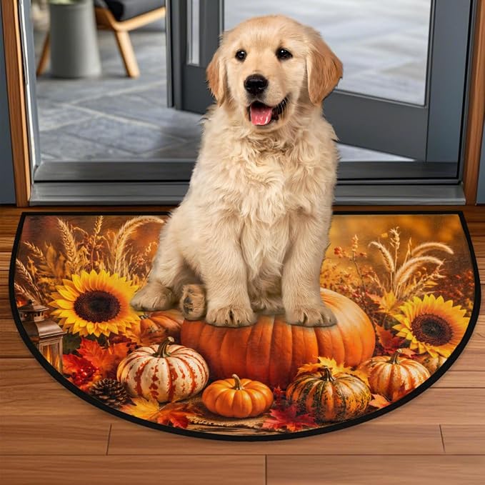 Thanksgiving Half Round Door Mat Welcome Entrance Mat Bath Bathroom Rug B5 | Autumn Pumpkin Thanksgiving Welcome Entrance Mat Anti-Slip Half Moon Bath Mat Semi Circle Rug Indoor Outdoor Kitchen Rug