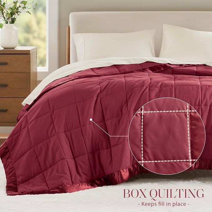 Madison Park Down Alternative Twin Blanket for Bed, Satin Trim, Burgundy | Lightweight Windom Blanket Premium 3M Scotchgard Moisture Wicking Treatment, OEKO TEX, Soft Bed Cover, All Season