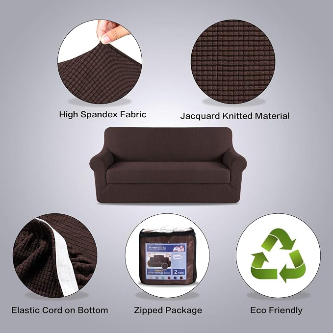H.VERSAILTEX 2 Piece Couch Covers Stretch Sofa Cover/Slipcover Furniture Protector Couch Suit for T Cushion/Box Cushion Spandex Jacquard Fabric Small Checks(Sofa 72"-88", Brown)