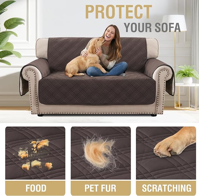 H.VERSAILTEX 100% Waterproof Couch Cover 2 Cushion Sofa Modern Sofa Covers Waterproof and Washable Thick Soft Couch Cover for Pets with Elastic Straps(Loveseat,Chocolate/Beige)