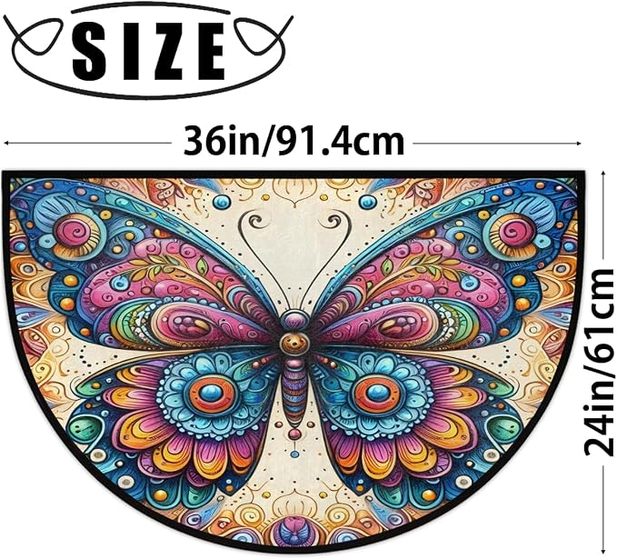 Colorful Butterfly Ethnic Half Round Mat Half Moon Door Rug Washable Durable Semi Circle Carpet Floor mats for Indoor Outdoor Bathroom Kitchen Patio Hearth Rug Laundry Room Home Decoration